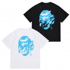 APE Blue Flame Print T-Shirt, Couple Set APE Classic Short-Sleeve Streetwear Percent Cotton Unisex T-Shirt Couple Short-Sleeve Cropped T-Shirt