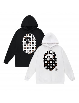 APE Fashion Casual Hoodie Round neck with kangaroo pocket design Black and white ape head lettering print Casual comfort meets trendy style