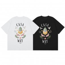 Casablanca Summer Women's Short-Sleeve T-Shirt Tennis Architecture Print Black Background Relaxed Fit Two-Tone Short-Sleeve Couples Set