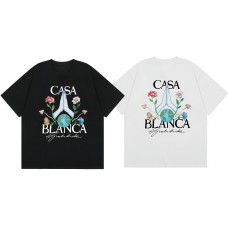 Casablanca New Women's T-Shirt Earth Prayer Print Light-Colored Loose-Fit Short Sleeve Artistic Relaxed-Fit T-Shirt