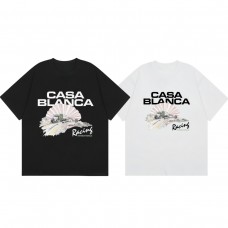 Casablanca Niche New Men's T-Shirt Racing-Inspired Letter Print Relaxed-Fit White Short-Sleeve Top
