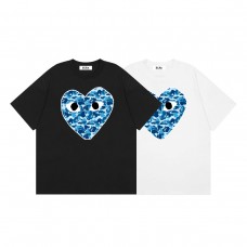 Comme des Garcons Kawaku Blue heart Print high-quality men's and women's casual 100 percent cotton short sleeves