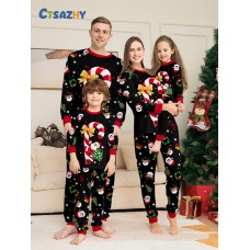 New Santa Letter Print Pajama Set Crew Neck Long Sleeve Pants White Home Dress Christmas Parent-Child Dress