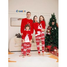 Christmas Parent-Child Clothes for a Family of Four White Christmas Tree Deer Print Pajamas Red Home Clothes