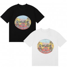 RHUDE New Men's T-Shirt Summer-Inspired Print Short Sleeve Relaxed Crew Neck Comfortable and Versatile Couple's Set