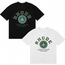 RHUDE Summer Men's T-Shirt Gothic Letter Badge Print 100% Cotton Casual Crew Neck Short Sleeve T-Shirt for Men and Women