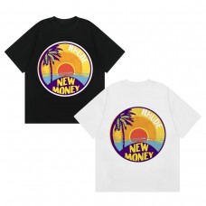 RHUDE Summer Cotton Men's T-Shirt Sunset Coconut Tree Print Loose-Fit Short-Sleeve T-Shirt Retro Street Style