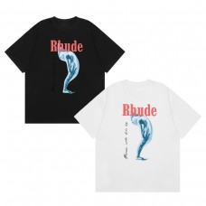 RHUDE Niche Men's T-Shirt Body Art Print Short-Sleeve T-Shirt Black Base with Red and Blue Color-Blocking Streetwear Brand Top