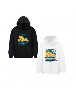 RHUDE Fall/Winter Hoodie with Coconut Tree and Wave Print, Fleece-Lined Hooded Sweatshirt American Retro West Coast Style Streetwear Hoodie