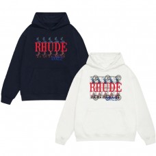 RHUDE Fall/Winter Men's Hoodie “RHUDE 2022 Knight Print Hooded Sweatshirt Vintage Distressed Red & Blue Contrast Street Hoodie” Fleece-Lined for Warmth
