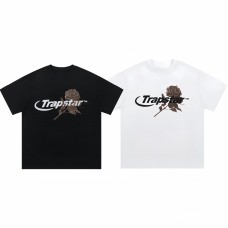 TRAPSTAR New Men's Streetwear T-Shirt Rose Print Short-Sleeve T-Shirt Black Oversized Fit Dark High-Street Style
