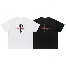 TRAPSTAR Dark T-Shirt Print Men's Short Sleeve Black Base with Red and White Colour Blocking Trendy Brand American Vintage Streetwear Relaxed Fit T-Shirt