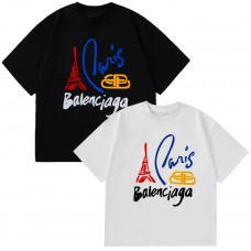 BALENCIAGA New High Luxury Short Sleeve, Eiffel Tower With Letters Graphic Tees, Fashionable And Versatile, 100 Percent Cotton, Loose Round Neck
