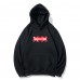 Supreme Casual fashion hoodie with kangaroo pockets, red lettering print, loose and comfortable fit. Supreme Casual fashion hoodie with kangaroo pockets, red lettering print, loose and comfortable fit.