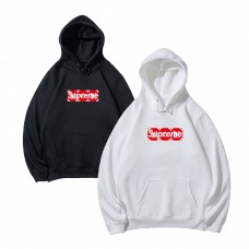 Supreme Casual fashion hoodie with kangaroo pockets, red lettering print, loose and comfortable fit.