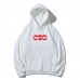 Supreme Casual fashion hoodie with kangaroo pockets, red lettering print, loose and comfortable fit. Supreme Casual fashion hoodie with kangaroo pockets, red lettering print, loose and comfortable fit.