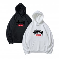 Supreme Casual fashion hoodie with kangaroo pockets, Stussy collaboration print, relaxed and comfortable fit.